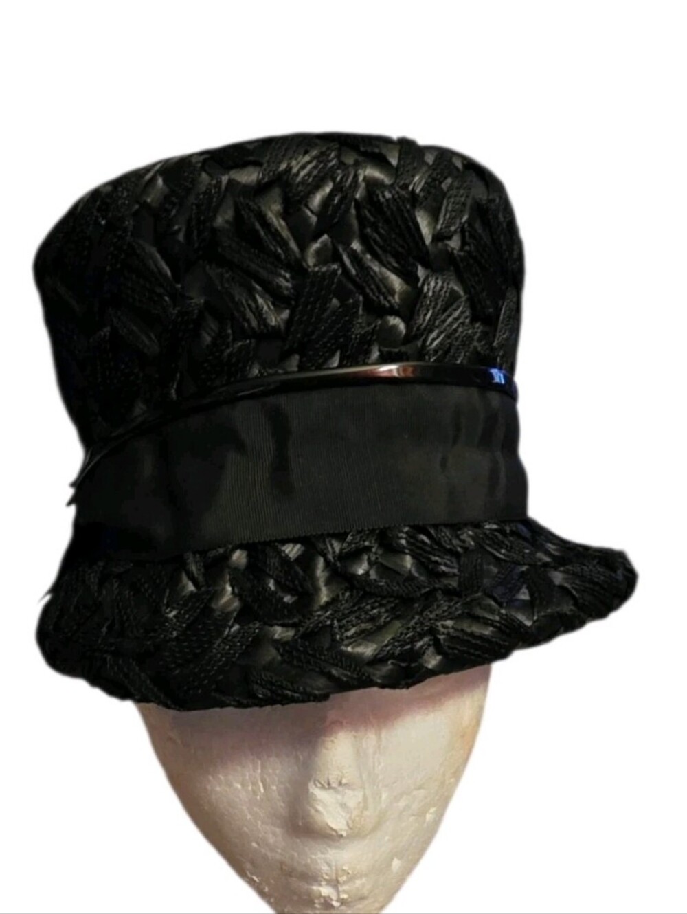 Vtg 60s Black Braided Straw Flower Pot Hat with Grosgrain Band